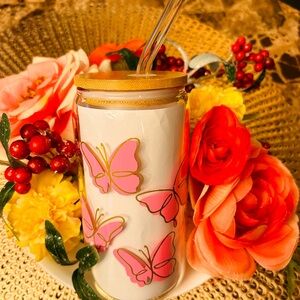 Cute glass tumbler with bamboo lid and straw.